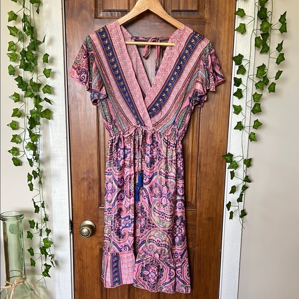 SILK Blend Bohemian Boho Tie Neck Pink Paisley Midi Dress - Picture 1 of 10